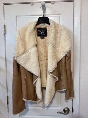 split Camel and Cream Faux Shearling Cascade Jacket